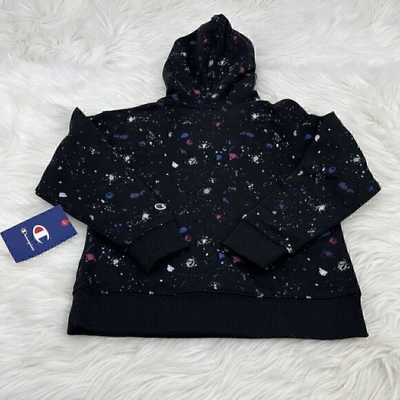 NEW Champion Girls Script Logo Size 5 Sweatshirt Hoodie Splatter Pattern Black - Picture 5 of 9